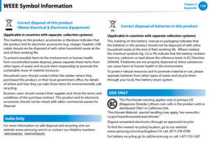 Page 129128Chapter 6 
AppendixWEEE Symbol Information
Correct disposal of this product 
(Waste Electrical & Electronic Equipment)
(Applicable in countries with separate  collection systems)
This marking on the product, accessories or literature indicates that 
the product and its electronic accessories (e.g. charger, headset, USB 
cable) should not be disposed of with other household waste at the 
end of their working life. 
To prevent possible harm to the environment or human health 
from uncontrolled waste...