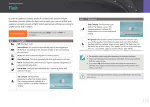 Page 117Shooting Functions
11 611 6
Shooting FunctionsShooting Functions
In order to capture a realistic photo of a subject, the amount of light 
should be constant. When the light source varies, you can use a flash and 
supply a constant amount of light. Select appropriate settings according to 
a light source and a subject.
To set flash options, In Shooting mode, press [m] : b : Flash : 
an option.
Icon Description
Off: The flash is off.
Smart Flash : The camera automatically adjusts the brightness 
of the...