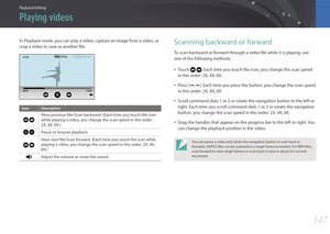 Page 148147
Playback/Editing
In Playback mode, you can play a video, capture an image from a video, or 
crop a video to save as another file.
MenuStopCapture
Icon Description
 
View previous file/Scan backward. (Each time you touch the icon 
while playing a video, you change the scan speed in this order: 
2X, 4X, 8X.)
 Pause or resume playback.
 
View next file/Scan forward. (Each time you touch the icon while 
playing a video, you change the scan speed in this order: 2X, 4X, 
8X.)
Adjust the volume or mute the...