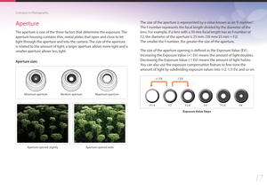 Page 1817
Concepts in Photography
Aperture
The aperture is one of the three factors that determine the exposure. The 
aperture housing contains thin, metal plates that open and close to let 
light through the aperture and into the camera. The size of the aperture 
is related to the amount of light: a larger aperture allows more light and a 
smaller aperture allows less light.
Aperture sizes
Minimum aperture Medium aperture Maximum aperture
Aperture opened slightlyAperture opened wide
The size of the aperture is...