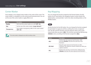 Page 186185
Camera settings menu > User settings
Center Marker
Set to display a cross-shaped center marker in the center of the screen. The 
center marker is a standard to set the vertical and horizontal levels. You can 
set the size of the center marker or apply effects to it.
* Default
OptionDescription
DisplaySet to turn the center marker on or off. ( Off*, On )
SizeSet the size of the center marker. ( Large, Normal*)
TransparencySet to apply a transparency effect to the center marker. 
(Off*, On )
The center...