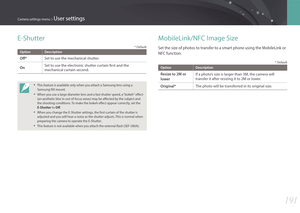 Page 192191
Camera settings menu > User settings
MobileLink/NFC Image Size
Set the size of photos to transfer to a smart phone using the MobileLink or 
NFC function.
* Default
OptionDescription
Resize to 2M or 
lowerIf a photo’s size is larger than 3M, the camera will 
transfer it after resizing it to 2M or lower.
Original*The photo will be transferred in its original size.
E-Shutter
* Default
Option Description
Off*Set to use the mechanical shutter.
OnSet to use the electronic shutter curtain first and the...