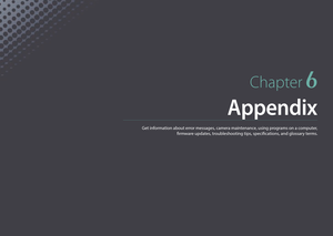 Page 199Chapter 6
Appendix
Get information about error messages, camera maintenance, using programs on a computer,  firmware updates, troubleshooting tips, specifications, and glossary terms. 