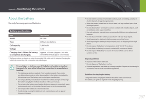 Page 208207
Appendix > Maintaining the camera
• Do not rest the camera on flammable surfaces, such as bedding, carpets, or 
electric blankets for a prolonged period.
• When the camera is switched on, do not leave it in any confined space for a 
prolonged period.
• Do not allow battery terminals to come in contact with metallic objects, such 
as necklaces, coins, keys, or watches.
• Use only authentic, manufacturer-recommended, Lithium-ion replacement 
batteries.
• Do not disassemble the battery or puncture it...