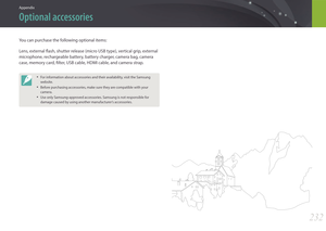 Page 233232
Appendix
Optional accessories
You can purchase the following optional items:
Lens, external flash, shutter release (micro USB type), vertical grip, external 
microphone, rechargeable battery, battery charger, camera bag, camera 
case, memory card, filter, USB cable, HDMI cable, and camera strap.
• For information about accessories and their availability, visit the Samsung 
website.
• Before purchasing accessories, make sure they are compatible with your 
camera.
• Use only Samsung-approved...