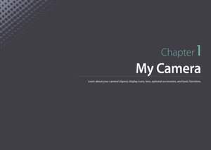Page 30Chapter 1
My Camera
Learn about your camera’s layout, display icons, lens, optional accessories, and basic functions. 