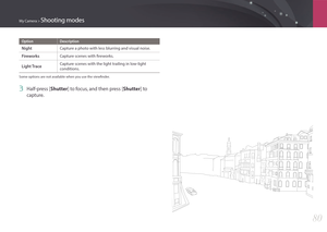 Page 81My Camera > Shooting modes
80
OptionDescription
NightCapture a photo with less blurring and visual noise.
FireworksCapture scenes with fireworks.
Light TraceCapture scenes with the light trailing in low-light 
conditions.
Some options are not available when you use the viewfinder.
3 Half-press [Shutter] to focus, and then press [ Shutter] to 
capture. 