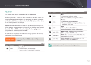 Page 9190
Shooting Functions > Size and Resolution
Quality
The camera saves photos in either the JPEG or RAW format.
Photos captured by a camera are often converted to the JPEG format and 
stored in the memory according to the settings of the camera at the time 
of shooting. RAW files are not converted to the JPEG format and are stored 
in the memory without any changes.
RAW files have the file extension “SRW“. To adjust and calibrate exposures, 
White Balances, tones, contrasts, and colors of the RAW files, or...
