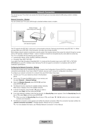 Page 17English - 17
The LAN Port on th\ye WallLAN Cable (Not Supp\ylied)Wireless IP Sharer
(router having DHCP \yServer)
Net\bork Connection
You can set up your \yTV so that it can \yaccess the Internet through your local area network (LAN) u\ysing a wired or wireless 
connection\b
