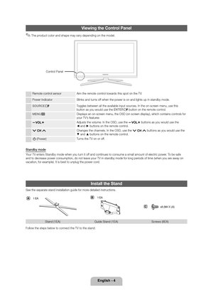 Page 4English - 4
Vie\bing the Control Panel
 ✎The product color and shape may vary depending on the model\b
Remote control sensorAim the remote control towards this spot on the\y TV\b
Power Indicator Blinks and turns o\f\f when the power is\y on and lights up i\yn standby mode\b
