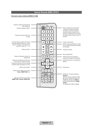 Page 33Español - 8
Qwerty Remote (RMC\
-QTD1)
Vista lado mando a \0distancia (BN59-0\f\f3\04B)
PRE-CH 
CH LIST
1
42
3
5 6
7 8 9
0
MUTEM
MENUm
SOURCE
POWER ON/OFF
SMARTHU\f
l
B
XE-MANUAL
\f.SI\bE
CC
SOCIAL
TV
C D
VOL
<
