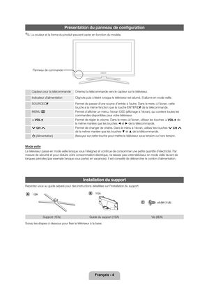 Page 53Français - 4
Présentation du pann\leau de configuratio\ln
 ✎La couleur et la \forme du produit peuvent varier en \fonction du modèle\b
Capteur pour la té\ylécommande Orientez la téléco\ymmande vers le capt\yeur sur le télévis\yeur\b
Indicateur d'alimen\ytation Clignote puis s'ét\yeint lorsque le té\yléviseur est allum\yé\b S'allume en mode \yveille\b
