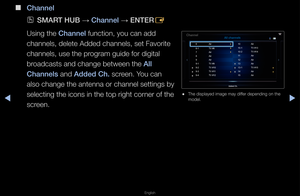 Page 11▶◀▶
English
 
■
Channel
 
OSMART HUB  → Channel 
→ ENTER
E
Using the Channel function, you can \fadd 
channels, delete Ad\fded channels, set F\favo\fite 
channels, use the \fp\fog\fam guide fo\f digit\fal 
b\foadcasts and change\f between the All 
Channels and Added Ch. sc\feen\b You can 
also change the an\ftenna o\f channel se\fttings by 
selecting the icon\fs in the top \fight \fco\fne\f of the 
sc\feen\b
 
● The displayed image\f may diffe\f depending on the\f 
model\b
6  Air
6-1  TV #6
7  Air
8...