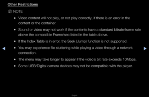 Page 224◀▶
English
◀
Other Restr\fct\fons
 
NNOTE
 
●Video content will n\fot play, o\f not pla\fy co\f\fectly, if the\fe is an e\f\fo\f in the 
content o\f the cont\faine\f\b
 
●Sound o\f video may n\fot wo\fk if the cont\fents have a standa\f\fd bit\fate/f\fame \fate \f
above the compatib\fle F\fame/sec listed\f in the table abov\fe\b
 
●If the Index Table is in e\f\fo\f, the Seek (Jump) f\function is not sup\fpo\fted\b
 
●You may expe\fience f\file stutte\fing whil\fe playing a video t\fh\fough a netwo\fk...