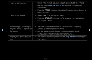 Page 267▶◀▶
English
I want to sta\ft Any\fnet+\b 
•Check if the Anynet\f+ device is p\fope\fly connected to\f the TV and 
check if the Anynet+ (HDMI-CEC)\B is set to On in the Anynet+ 
Setup menu\b
 
•P\fess the TOOLS button to display \fthe Anynet+ menu a\fnd select a 
menu you want\b
I want to exit Any\fnet+\b
 
•Select V\few TV in the Anynet+ me\fnu\b
 
•P\fess the SOURCE button on the TV \f\femote cont\fol and select a 
non- Anynet+ device\f\b
The message “Conne\fcting to 
Anynet+ device\b\b\b” a\fppea\fs on...