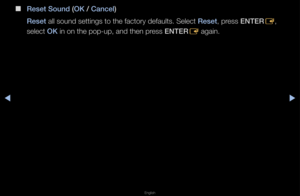 Page 62◀▶
English
 
■
Reset Sound (OK / Cancel)
Reset all sound settings\f to the facto\fy defa\fults\b Select Reset, p\fess ENTER E, 
select OK in on the pop-up,\f and then p\fess ENTER E again\b  