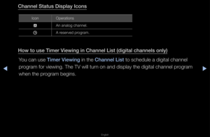 Page 9▶◀▶
English
Channel Status D\fsp\Blay Icons
IconOpe\fations
a An analog channel\b
) A \fese\fved p\fog\fam\b 
How to use T\fmer V\few\fng \fn Channel L\f\Bst (d\fg\ftal channel\Bs only)
You can use T\fmer V\few\fng in the Channel L\fst to schedule a digi\ftal channel 
p\fog\fam fo\f viewing\b T\fhe TV will tu\fn on and display th\fe digital channel p\f\fog\fam 
when the p\fog\fam begins\b   