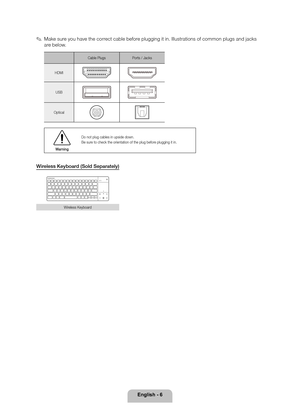 Page 6English - 6
 
✎Make sure you have the correct cable before plugging it in. Illustrations of common plugs and jacks 
a re b e l ow.
Cable Plugs Ports / Jacks
HDMI
USB
Optical
Warning Do not plug cables in upside down.
Be sure to check the orientation of the plug before plugging it in.
Wireless Keyboard (Sold Separately)
Wireless Keyboard
[PE8000-ZA]BN68-04034A-00Eng.indb   62012-04-05   �� 1:22:15 