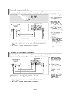 Page 131Español-9
Conexión de un reproductor de vídeo
Estas instrucciones presuponen que ya ha conectado el TV a una antena o sistema de TV por cable
(siguiendo las instrucciones de las páginas 7 a 8). Si aún no ha conectado el TV a una antena o un sistema de cable, sáltese el paso 1.
1.Desconecte el cable o la antena
de la parte posterior del TV.
2.Conecte el cable o la antena en el
terminal ANT IN de la parte 
posterior del reproductor de vídeo.
3.Conecte el cable RF entre el
terminal ANT OUT (salida de...