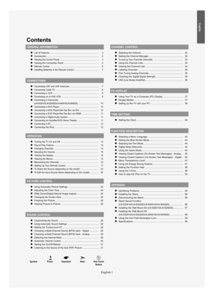 Page 3English
Symbol Press Important Note One-Touch
Button
Contents
GENERAL INFORMATION
List of Features ...................................................\................................ 2
Accessories ...................................................\...................................... 2
Viewing the Control Panel...................................................\................ 3
Viewing the Connection Panel ...................................................\......... 4
Remote Control...