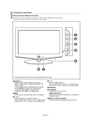 Page 5English-3
Viewing the Control Panel 
SOURCE Toggles between all the available input sources
(TV, AV1, AV2, S-Video1, S-Video2, Component, PC,
HDMI1, HDMI2). 
In the on-screen menu, use this button as you would
use the 
ENTER button on the remote control.26 inch model supports TV, AV, S-Video, 
Component, PC, HDMI1, and HDMI2 only.
MENUPress to see an on-screen menu of your TV’s features.
Press to decrease or increase the volume.
In the on-screen menu, use the  buttons as you
would use the 
and buttons...