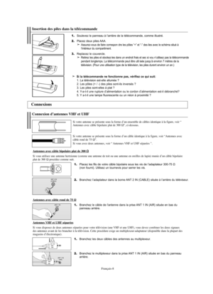 Page 101Français-8
1.Placez les fils de votre câble bipolaire sous les vis de l’adaptateur 300-75 Ω 
(non fourni). Utilisez un tournevis pour serrer les vis.
2.Branchez l’adaptateur dans la borne ANT 2 IN (CABLE) située à l’arrière du téléviseur.
Connexion d’antennes VHF et UHF
Si votre antenne se présente sous la forme d’un ensemble de câbles identique à la figure, voir “
Antennes avec câble bipolaire plat de 300 Ω”, ci-dessous.
Si votre antenne se présente sous la forme d’un câble identique à la figure, voir...