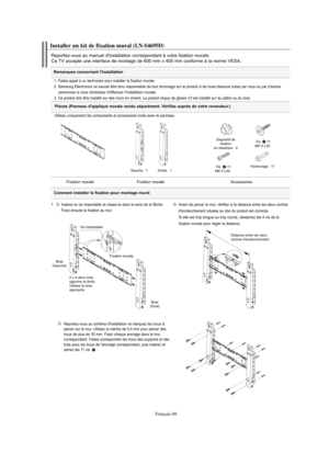 Page 179Français-86
Remarques concernant l'installation
Installer un kit de fixation mural (LN-S4695D)
Reportez-vous au manuel d'installation correspondant à votre fixation murale.
Ce TV accepte une interface de montage de 600 mm x 400 mm conforme à la norme VESA.
1. Faites appel à un technicien pour installer la fixation murale.
2. Samsung Electronics ne saurait être tenu responsable de tout dommage sur le produit ni de toute blessure subie par vous ou par d'autres 
personnes si vous choisissez...