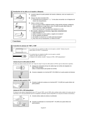 Page 192Español-8
1.Coloque los conductores del par de cables bajo los tornillos del adaptador de 
300-75 Ω(no incluido). 
Utilice un destornillador para apretar los tornillos.
2.Conecte el adaptador en el terminal ANT 2 IN (CABLE) en la parte posterior del televisor
Conexión de antenas de VHF y UHF
Si su antena tiene un conjunto de cables con este aspecto, consulte “Antenas de par de
cables planos de 300 Ω” a continuación.
Si su antena tiene un conjunto de cables con este aspecto, consulte 
“Antenas de cable...