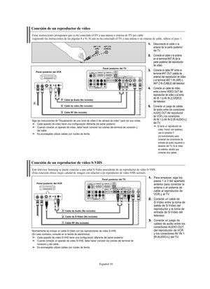 Page 194Español-10
Conexión de un reproductor de vídeo
Estas instrucciones presuponen que ya ha conectado el TV a una antena o sistema de TV por cable
(siguiendo las instrucciones de las páginas 8 a 9). Si aún no ha conectado el TV a una antena o un sistema de cable, sáltese el paso 1.
1.Desconecte el cable o la 
antena de la parte posterior 
del TV.
2.Conecte el cable o la antena 
en el terminal ANT IN de la 
parte posterior del reproductor 
de vídeo.
3.Conecte el cable RF entre el
terminal ANT OUT (salida de...