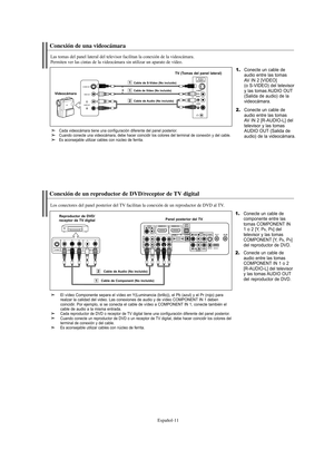 Page 195Español-11
Conexión de una videocámara
Las tomas del panel lateral del televisor facilitan la conexión de la videocámara.
Permiten ver las cintas de la videocámara sin utilizar un aparato de vídeo.
1.Conecte un cable de 
audio entre las tomas 
AV IN 2 [VIDEO] 
(o S-VIDEO) del televisor 
y las tomas AUDIO OUT
(Salida de audio) de la
videocámara.
VideocámaraTV (Tomas del panel lateral)
2.Conecte un cable de 
audio entre las tomas 
AV IN 2 [R-AUDIO-L] del
televisor y las tomas 
AUDIO OUT (Salida de
audio)...