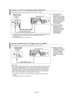 Page 196Español-12
Conexión de un DVD o un Decodificador digital mediante DVI
Solo es aplicable si hay un conector de salida de DVI en el dispositivo externo.
1.Conecte un cable de 
DVI a HDMI o un 
adaptador de DVI-HDMI 
entre el conector de HDMI
/DVI IN 1 o HDMI/DVI IN 2 
del  televisor y el conector 
de DVI del reproductor de 
DVD/reproductor de 
televisión digital.
2.Conecte un cable de
audio entre la toma de
entrada de DVI IN
[R-AUDIO-L] del televisor 
y las tomas AUDIO OUT
del reproductor de...