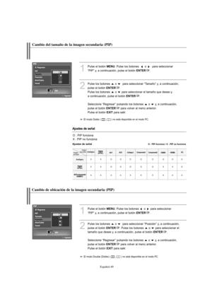 Page 233Español-49
Cambio de ubicación de la imagen secundaria (PIP)
1
Pulse el botón MENU. Pulse los botones  o  para seleccionar 
“PIP” y, a continuación, pulse el botón 
ENTER.
2
Pulse los botones  o  para seleccionar “Posición” y, a continuación, 
pulse el botón 
ENTER. Pulse los botones  o  para seleccionar el 
tamaño que desee y, a continuación, pulse el botón 
ENTER.
Seleccione “Regresar” pulsando los botones  o  y, a continuación, 
pulse el botón 
ENTERpara volver al menú anterior.
Pulse el botón...