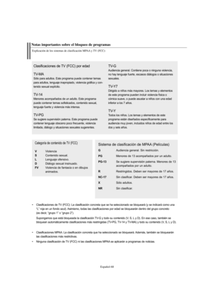 Page 252Español-68
Notas importantes sobre el bloqueo de programas
Explicación de los sistemas de clasificación MPAA y TV (FCC):
Clasificaciones de TV (FCC) por edad
TV-MA
Sólo para adultos. Este programa puede contener temas
para adultos, lenguaje inapropiado, violencia gráfica y con-
tenido sexual explícito.
TV-14
Menores acompañados de un adulto. Este programa
puede contener temas sofisticados, contenido sexual,
lenguaje fuerte y violencia más intensa.
TV-PG
Se sugiere supervisión paterna. Este programa...