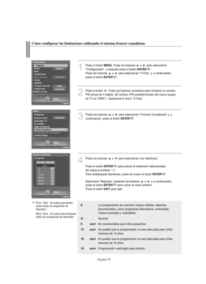 Page 254Español-70
Cómo configurar las limitaciones utilizando el sistema francés canadiense
1
Pulse el botón MENU. Pulse los botones  o  para seleccionar
“Configuración”, y después pulse el botón 
ENTER.
Pulse los botones  o  para seleccionar “V-Chip” y, a continuación, 
pulse el botón 
ENTER.
2
Pulse el botón  . Pulse los botones numéricos para introducir el número 
PIN actual de 4 dígitos. (El número PIN predeterminado del nuevo equipo 
de TV es “0000”.)  Aparecerá el menú “V-Chip”.
3
Pulse los botones  o...