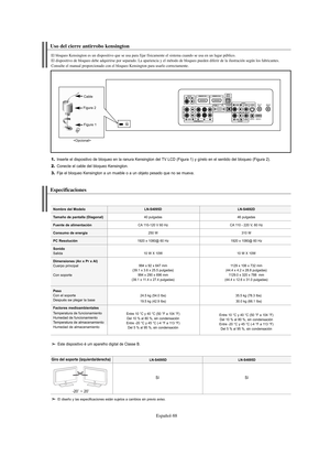 Page 272Español-88
1.Inserte el dispositivo de bloqueo en la ranura Kensington del TV LCD (Figura 1) y gírelo en el sentido del bloqueo (Figura 2).
2.Conecte el cable del bloqueo Kensington.
3.Fije el bloqueo Kensington a un mueble o a un objeto pesado que no se mueva.
Uso del cierre antirrobo kensington
El bloqueo Kensington es un dispositivo que se usa para fijar físicamente el sistema cuando se usa en un lugar público. 
El dispositivo de bloqueo debe adquirirse por separado. La apariencia y el método de...