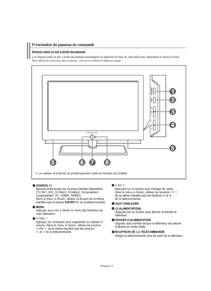 Page 97Français-4
Présentation du panneau de commande
SOURCE Bascule entre toutes les sources d’entrée disponibles
(TV, AV1, AV2, S-Vidéo1, S-Vidéo2, Composante1,
Composante2, PC, HDMI1, HDMI2). 
Dans le menu à l’écran, utilisez ce bouton de la même
manière que le bouton 
ENTER de la télécommande.
MENUAppuyez pour voir à l’écran le menu des fonctions de
votre télévision.
Appuyez sur ce bouton pour augmenter ou baisser le
volume. Dans le menu à l’écran, utilisez les boutons
de la même manière que les boutons...