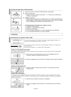 Page 136Français-8
1.Placez les fils de votre câble bipolaire sous les vis de l’adaptateur 300-75 Ω 
(non fourni). Utilisez un tournevis pour serrer les vis.
2.Branchez l’adaptateur dans la borne ANT 2 IN (CABLE) située à l’arrière du téléviseur.
Branchement des antennes VHF et UHF
Si votre antenne se présente sous la forme d’un ensemble de câbles identique à la figure, voir “
Antennes avec câble bipolaire plat de 300 Ω”, ci-dessous.
Si votre antenne se présente sous la forme d’un câble identique à la figure,...