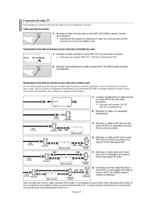 Page 137Français-9
Après avoir établi cette connexion, réglez l’interrupteur A/B en position “A” pour regarder les canal normales. Placez l’interrupteur A/B en position “B” 
pour une regarder les canal cryptées. (Lorsque vous placez l’interrupteur A/B sur “B”, vous devez syntoniser votre télévision sur la canal de sortie 
de la boîte de jonction qui est habituellement la canal 3 ou 4.)
2.Branchez ce câble à un séparateur
bidirectionnel.
Séparateur Câble
d’arrivée
3.Branchez un câble de RF entre une des
prises...