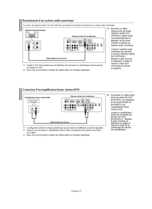 Page 141Français-13
Branchement d'un système audio numérique
Les prises du panneau arrière de votre téléviseur permettent de brancher facilement un système audio numérique.
1.Branchez un câble 
optique entre les prises 
“DIGITAL AUDIO OUT
(OPTICAL)” (Sortie audio
numérique/Optique) du
téléviseur et les prises 
d'entrée numérique du 
système audio numérique.
Lorsqu'un système audio 
numérique est connecté 
à la borne 
“DIGITAL AUDIO 
OUT (OPTICAL)”:
Baissez le gain (volume) 
du téléviseur et réglez le...