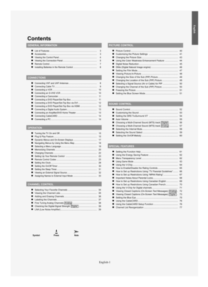 Page 3
Symbol \bress \fote

Contents
GE\fERAL I\fFORMATIO\f

List of %beatu%fes ....................................%.....................................%........... 3
Accesso%fies ....................................%.....................................%................. 3
Viewing the Cont%fol Panel....................................%............................... 4
Viewing the Connection Panel ....................................%........................ 5
Remote Cont%fol...