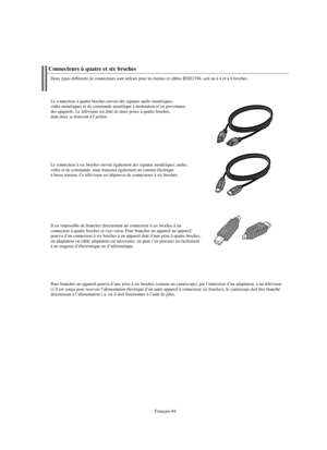 Page 222Français-94
Connecteurs à quatre et six broches
Deux types différents de connecteurs sont utilisés pour les bornes et câbles IEEE1394, soit un à 4 et à 6 broches.
Le connecteur à quatre broches envoie des signaux audio numériques, 
vidéo numériques et de commande numérique à destination et en provenance
des apapreils. Le téléviseur est doté de deux prises à quatre broches, 
dont deux se trouvent à l’arrière.
Le connecteur à six broches envoie également des signaux numériques, audio, 
vidéo et de...