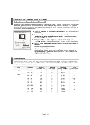 Page 239Français-111
Utilisation de votre télévision comme un écran PC
Configuration de votre logiciel PC (basée surWindows XP)
Les paramètres d’affichage Windows pour un ordinateur type sont indiqués ci-dessous. Cependant, les écrans réels de votre PC auront
probablement un aspect différent, en fonction de votre propre version de Windows et de votre carte vidéo. Même si vos écrans réels 
apparaissent différents, les informations de base s’appliquent dans la plupart des cas. (Si tel n’est pas le cas, contactez...