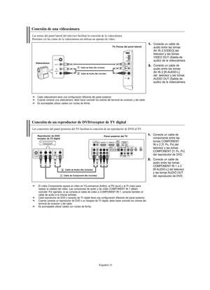 Page 265Español-11
Conexión de una videocámara
Las tomas del panel lateral del televisor facilitan la conexión de la videocámara.
Permiten ver las cintas de la videocámara sin utilizar un aparato de vídeo.
1.Conecte un cable de 
audio entre las tomas 
AV IN 2 [VIDEO] del 
televisor y las tomas 
VIDEO OUT (Salida de 
audio) de la videocámara.
VideocámaraTV (Tomas del panel lateral)2.Conecte un cable de 
audio entre las tomas 
AV IN 2 [R-AUDIO-L] 
del  televisor y las tomas 
AUDIO OUT (Salida de
audio) de la...