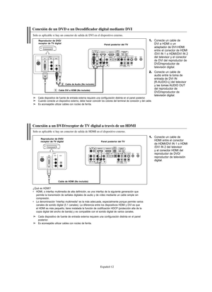 Page 266Español-12
Conexión de un DVD o un Decodificador digital mediante DVI
Solo es aplicable si hay un conector de salida de DVI en el dispositivo externo.
1.Conecte un cable de 
DVI a HDMI o un 
adaptador de DVI-HDMI 
entre el conector de HDMI
/DVI IN 1 o HDMI/DVI IN 2 
del  televisor y el conector 
de DVI del reproductor de 
DVD/reproductor de 
televisión digital.
2.Conecte un cable de
audio entre la toma de
entrada de DVI IN
[R-AUDIO-L] del televisor 
y las tomas AUDIO OUT
del reproductor de...