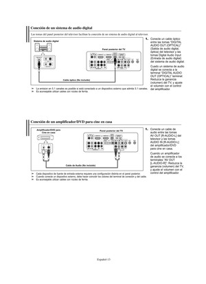 Page 267Español-13
Conexión de un sistema de audio digital
Las tomas del panel posterior del televisor facilitan la conexión de un sistema de audio digital al televisor.
1.Conecte un cable óptico
entre las tomas “DIGITAL
AUDIO OUT (OPTICAL)”
(Salida de audio digital,
óptica) del televisor y las
tomas Digital Audio Input
(Entrada de audio digital)
del sistema de audio digital.
Cuado un sistema de audio 
digital se conecta a la 
terminal “DIGITAL AUDIO 
OUT (OPTICAL)” terminal:
Reduzca la ganancia 
(volumen) del...