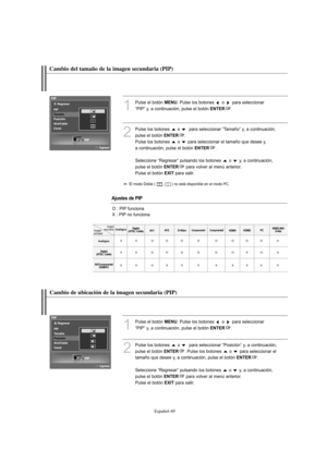 Page 303Español-49
Cambio de ubicación de la imagen secundaria (PIP)
1
Pulse el botón MENU. Pulse los botones  o  para seleccionar 
“PIP” y, a continuación, pulse el botón 
ENTER.
2
Pulse los botones  o  para seleccionar “Posición” y, a continuación, 
pulse el botón 
ENTER. Pulse los botones  o  para seleccionar el 
tamaño que desee y, a continuación, pulse el botón 
ENTER.
Seleccione “Regresar” pulsando los botones  o  y, a continuación, 
pulse el botón 
ENTERpara volver al menú anterior.
Pulse el botón...