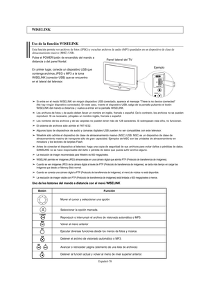 Page 332Español-78
Uso de la función WISELINK
WISELINK
Esta función permite ver archivos de fotos (JPEG) y escuchar archivos de audio (MP3) guardados en un dispositivo de clase de 
almacenamiento masivo (MSC) USB.
Si entra en el modo WISELINK sin ningún dispositivo USB conectado, aparece el mensaje “There is no device connected”
(No hay ningún dispositivo conectado). En este caso, inserte el dispositivo USB, salga de la pantalla pulsando el botón 
WISELINK del mando a distancia y vuelva a entrar en la pantalla...