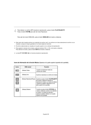 Page 342Español-88
Icono de información de la función Música (Aparece en la parte superior izquierda de la pantalla).
4
Para detener un archivo MP3 durante la reproducción, pulse el botón PLAY/PAUSE.
Pulse el botón 
STOPpara salir del modo Reproducir.
Para salir del modo WISELINK, pulse el botón 
WISELINKdel mando a distancia.
Este menú sólo muestra archivos con extensión de archivo mp3. Los archivos con otras extensiones de archivo no se 
muestran, aunque se hayan guardado en la misma tarjeta de memoria.
El...