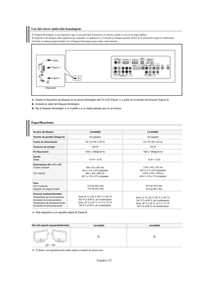 Page 377Español-123
1.Inserte el dispositivo de bloqueo en la ranura Kensington del TV LCD (Figura 1) y gírelo en el sentido del bloqueo (Figura 2).
2.Conecte el cable del bloqueo Kensington.
3.Fije el bloqueo Kensington a un mueble o a un objeto pesado que no se mueva.
Uso del cierre antirrobo kensington
El bloqueo Kensington es un dispositivo que se usa para fijar físicamente el sistema cuando se usa en un lugar público. 
El dispositivo de bloqueo debe adquirirse por separado. La apariencia y el método de...