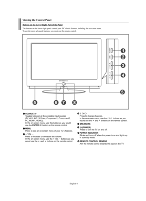 Page 6
Englis\b-4

Viewing t\be Control Panel 

SOURCE 
Toggles between all the available input sou%fces
(TV, AV1, AV2, S-Video, Component1, Component2,
PC, HDMI1, HDMI2). 
In the on-sc%feen menu, use this button as you would
use the 

E\fTER 
button on the %femote cont%fol.

ME\fU
P%fess to see an on-sc%feen menu of you%f TV’s featu%fes.
P%fess to inc%fease o%f dec%fease the volume.
In the on-sc%feen menu, use the  buttons as you
would use the 


and 

buttons on the %femote cont%fol.P%fess to change...